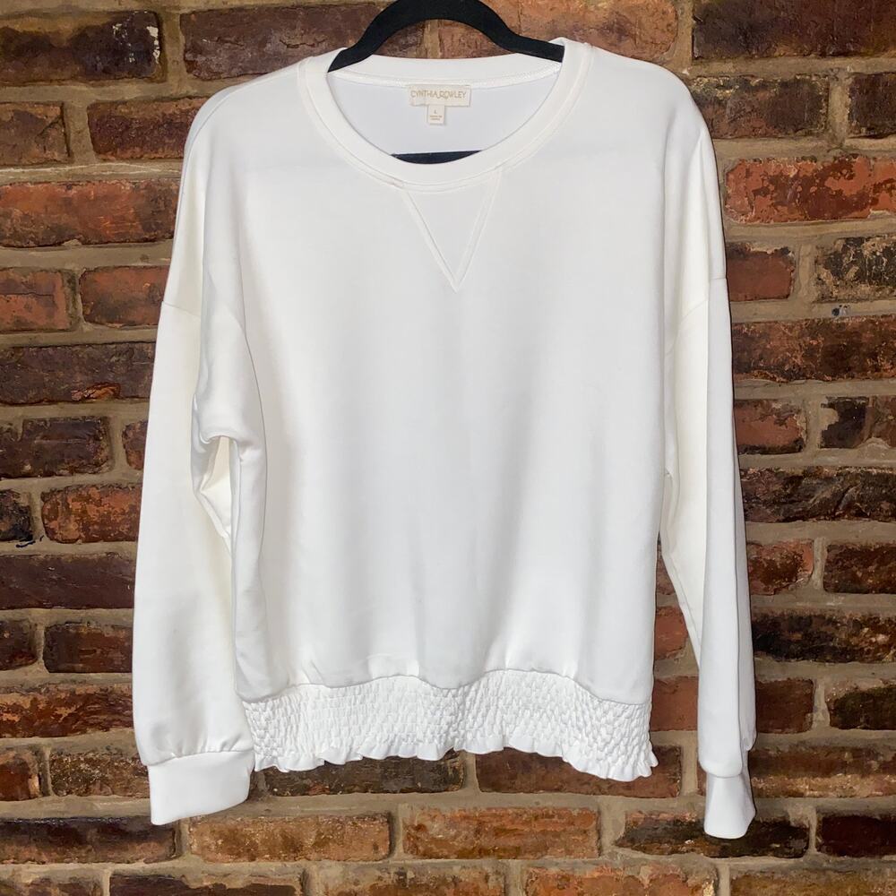 Cynthia Rowley White Smocked Waist Pullover Sweatshirt Women's Size Large